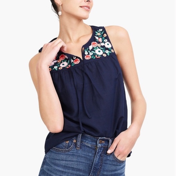 J. Crew Tops - J Crew Navy Embroidered Tie Neck Floral Sleeveless Top in Linen Cotton Small